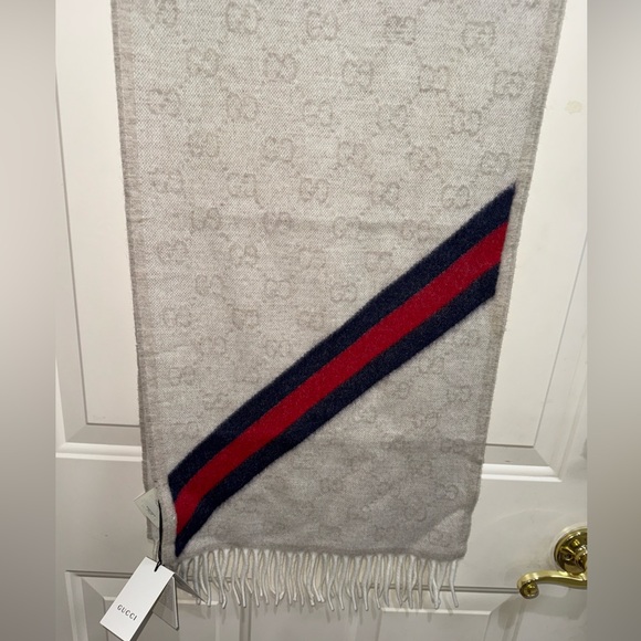 Gucci New Nikky Wool Scarf 37x190 Cm Guccisima GG Logo In Sand Color NWT - Picture 3 of 11